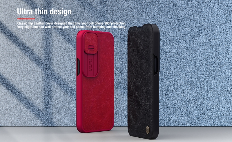 Bao Da iPhone 13 Hiệu Nillkin Qin Pro Leather Case Chính Hãng được làm bằng da và nhựa cao cấp polycarbonate khá mỏng cực kỳ sang trọng, phần đẩy bảo vệ camera tốt hơn
